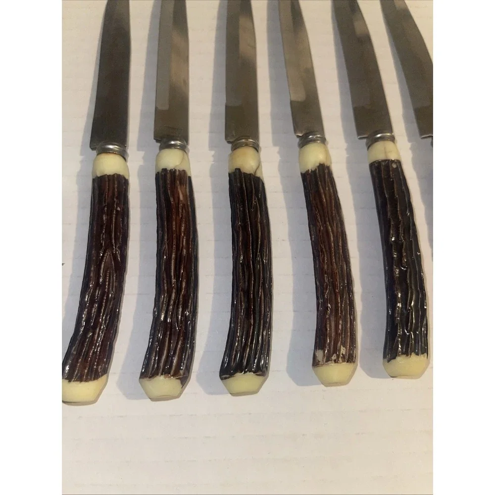 Vintage 8 Stainless Steel Faux‎ Antler Steak Knives Made in Japan